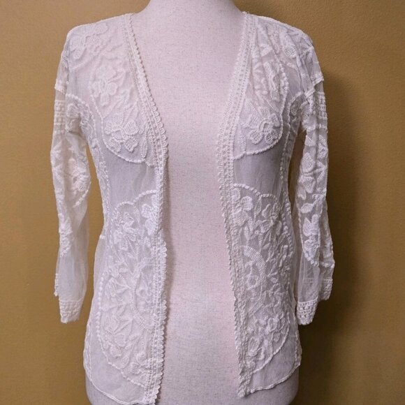 Rebellion Again Floral Lace Mesh Cardigan Blouse Embroidered Ivory Medium Womens - Picture 2 of 8